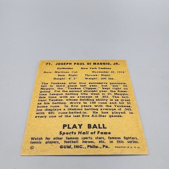 1941 Play Ball Joe DiMaggio Baseball Card Reproduction - Picture 3 of 8